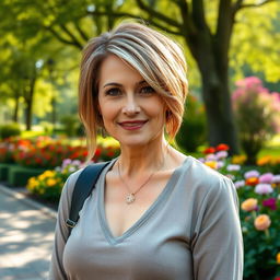 A sexy Russian woman aged 45-50 with a trendy and sophisticated hairstyle that enhances her beauty