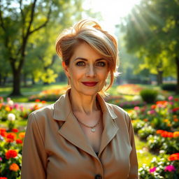 A sexy Russian woman aged 45-50, sporting a trendy and stylish hairstyle that enhances her beauty
