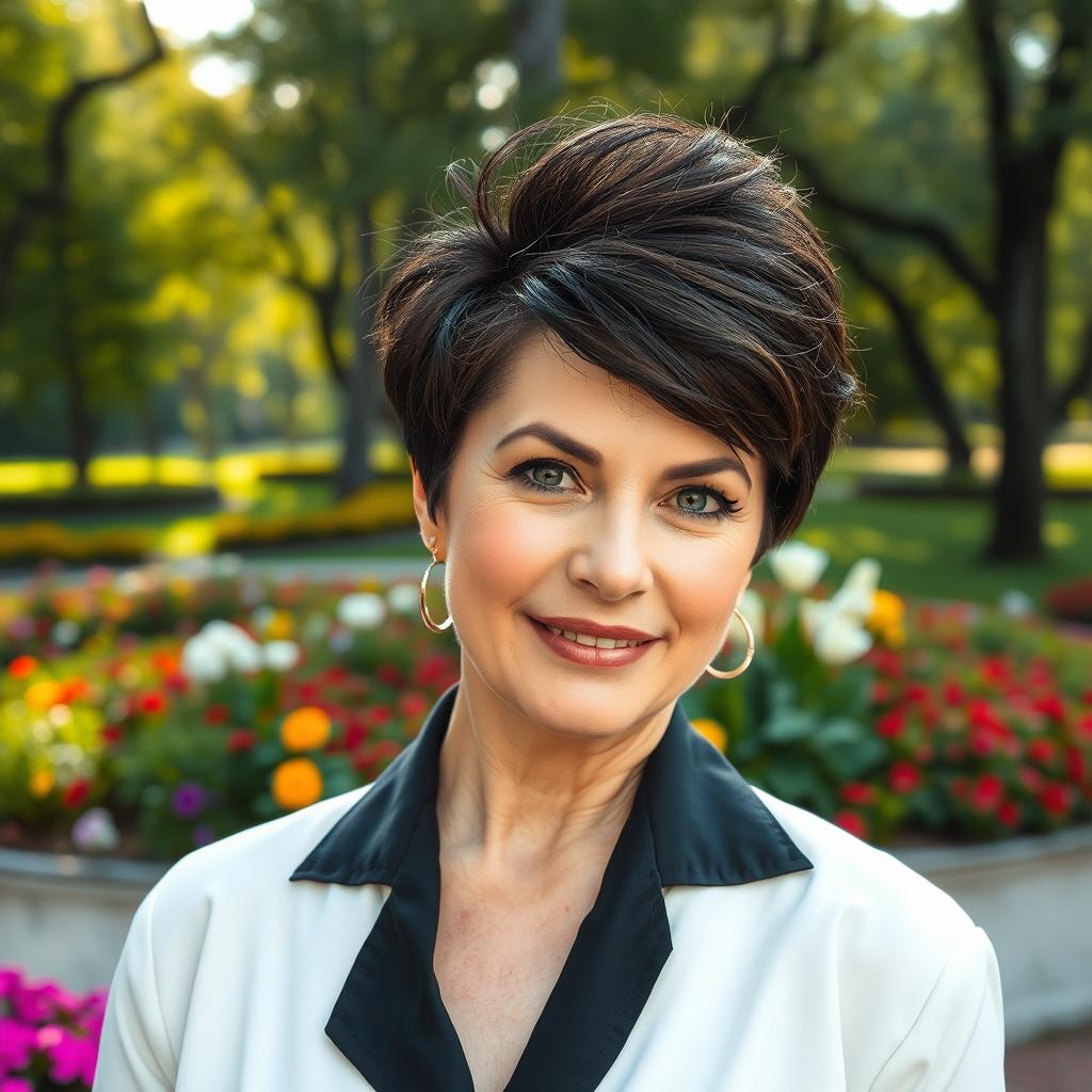 A sexy Russian woman aged 45-50, sporting a trendy and stylish hairstyle that enhances her beauty