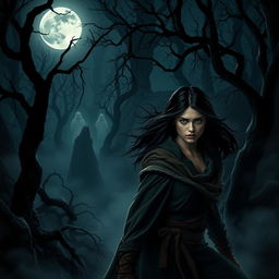 A mystical and dark enchanted forest at night, illuminated by a bright full moon casting eerie shadows