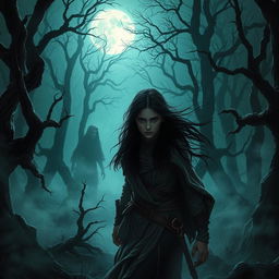 A mystical and dark enchanted forest at night, illuminated by a bright full moon casting eerie shadows
