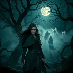 A mystical and dark enchanted forest at night, illuminated by a bright full moon casting eerie shadows