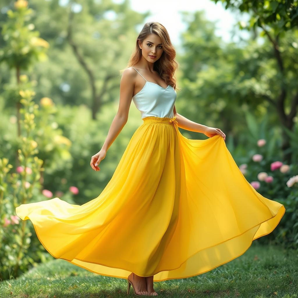 A realistic representation of a woman wearing a flowing yellow skirt that elegantly conceals her figure, set in a natural environment with soft lighting