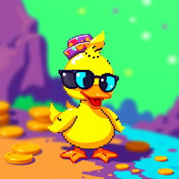 A pixel art duck designed as an NFT, inspired by meme coin aesthetics