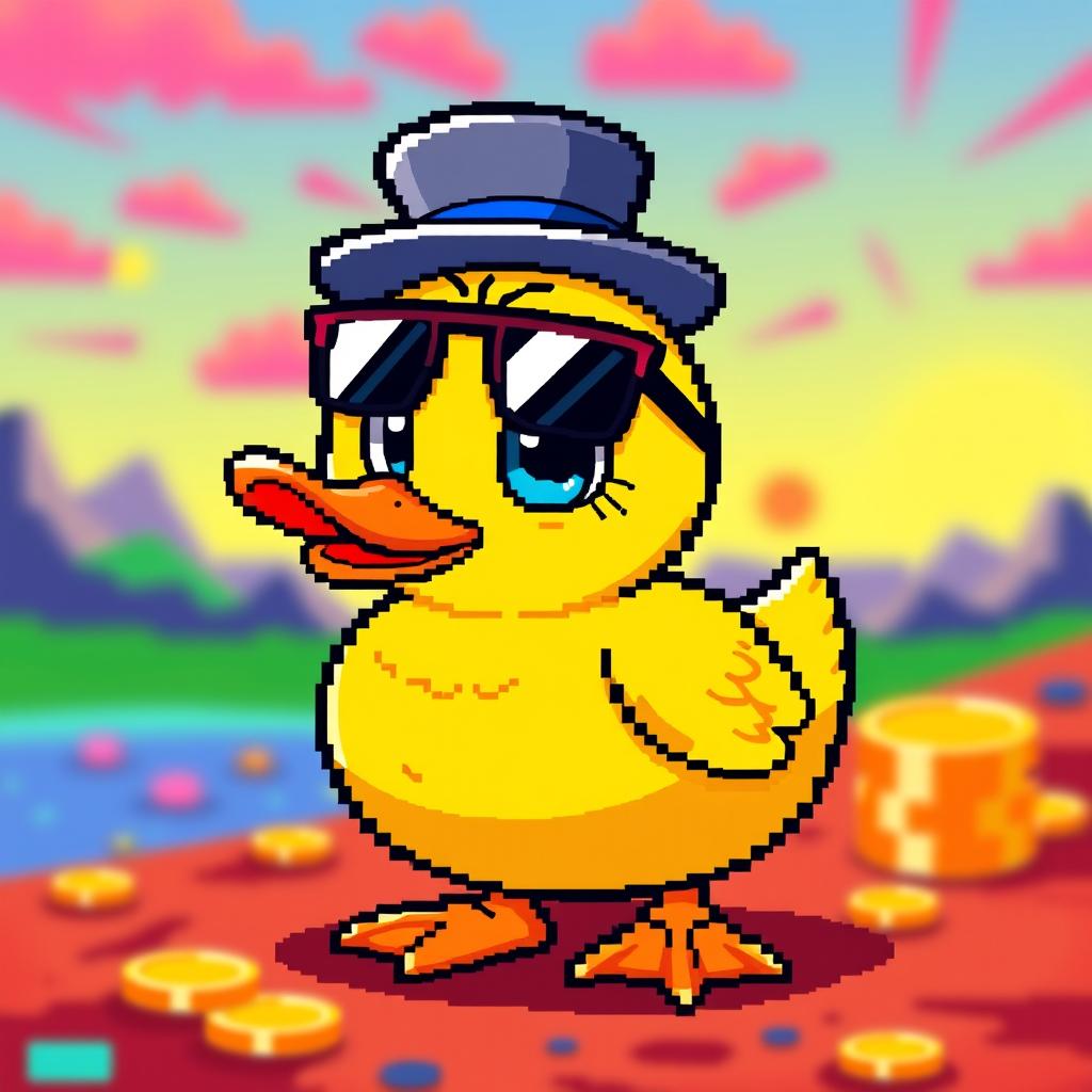 A pixel art duck designed as an NFT, inspired by meme coin aesthetics