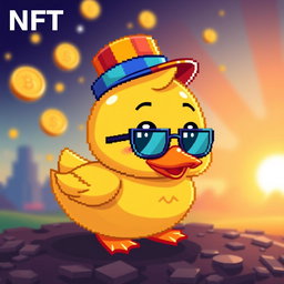 A pixel art duck designed as an NFT, inspired by meme coin aesthetics
