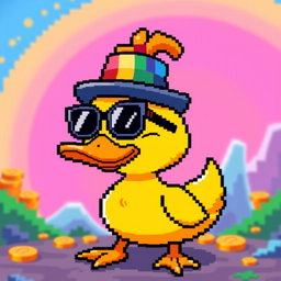 A pixel art duck designed as an NFT, inspired by meme coin aesthetics