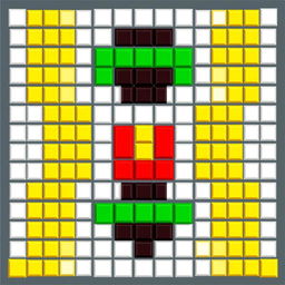 A vibrant pixel art composition created using a total of 77 blocks: 30 white blocks, 9 red blocks, 9 black blocks, 13 green blocks, and 16 yellow blocks