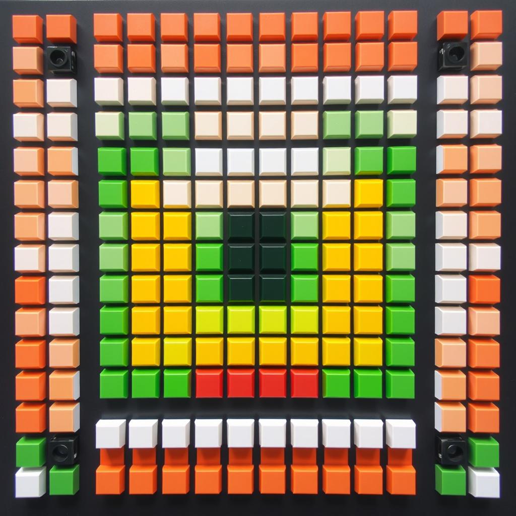 A vibrant pixel art composition created using a total of 77 blocks: 30 white blocks, 9 red blocks, 9 black blocks, 13 green blocks, and 16 yellow blocks