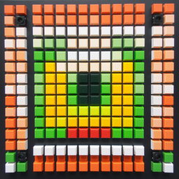 A vibrant pixel art composition created using a total of 77 blocks: 30 white blocks, 9 red blocks, 9 black blocks, 13 green blocks, and 16 yellow blocks