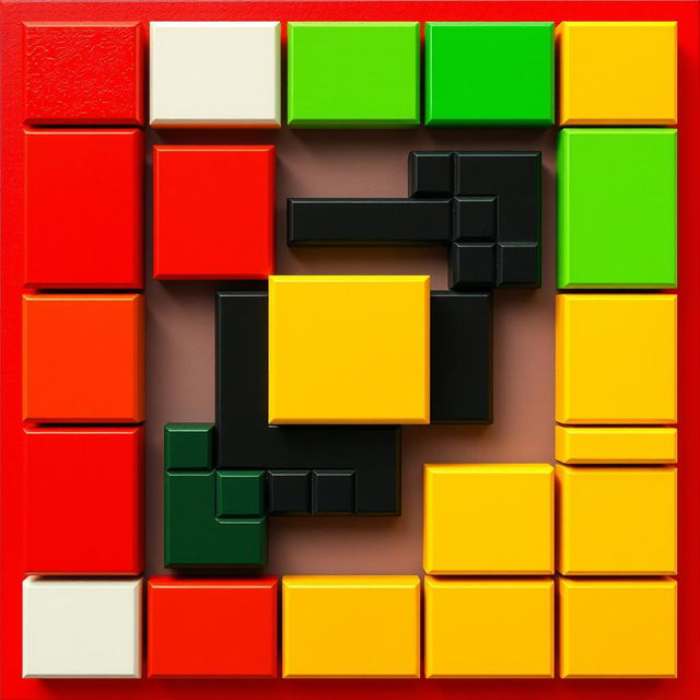 A vibrant pixel art composition created using a total of 77 blocks: 30 white blocks, 9 red blocks, 9 black blocks, 13 green blocks, and 16 yellow blocks