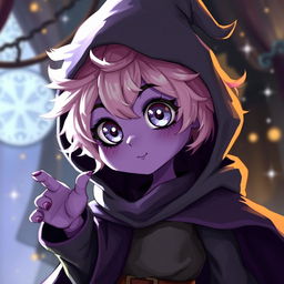 A whimsical warlock teenager with round features and big silver eyes