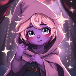 A whimsical warlock teenager with round features and big silver eyes