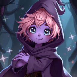 A whimsical warlock teenager with round features and big silver eyes