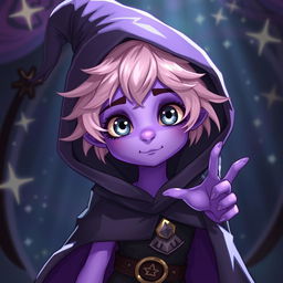 A whimsical warlock teenager with round features and big silver eyes