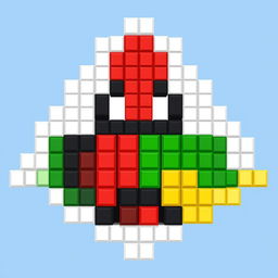 A colorful pixel art creation composed exclusively of 77 blocks: 30 white blocks, 9 red blocks, 9 black blocks, 13 green blocks, and 16 yellow blocks