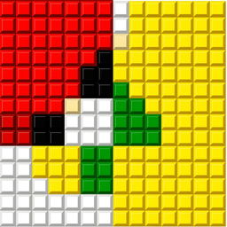 A colorful pixel art creation composed exclusively of 77 blocks: 30 white blocks, 9 red blocks, 9 black blocks, 13 green blocks, and 16 yellow blocks