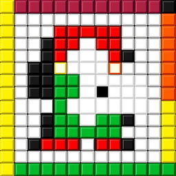 A colorful pixel art creation composed exclusively of 77 blocks: 30 white blocks, 9 red blocks, 9 black blocks, 13 green blocks, and 16 yellow blocks