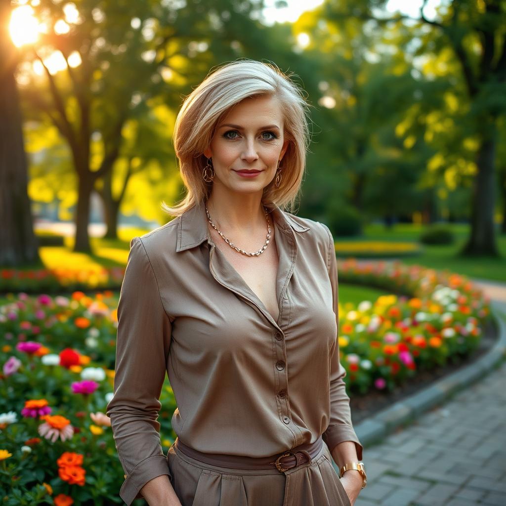 A sexy Russian woman aged 45-50 with a stylish and fashionable hairstyle that complements her elegant features