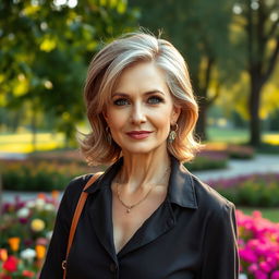 A sexy Russian woman aged 45-50 with a stylish and fashionable hairstyle that complements her elegant features