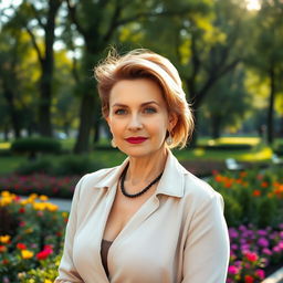 A sexy Russian woman aged 45-50 with a stylish and fashionable hairstyle that complements her elegant features