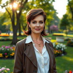 A sexy Russian woman aged 45-50 with a stylish and fashionable hairstyle that complements her elegant features
