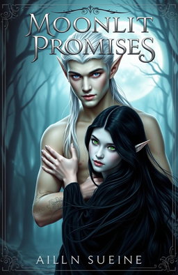 A captivating dark fantasy romance book cover featuring a tall Elven male with pale white skin and short silver hair, his striking violet eyes shining with intrigue