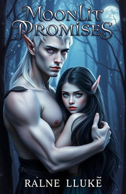 A captivating dark fantasy romance book cover featuring a tall Elven male with pale white skin and short silver hair, his striking violet eyes shining with intrigue