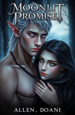 A captivating dark fantasy romance book cover featuring a tall Elven male with pale white skin and short silver hair, his striking violet eyes shining with intrigue