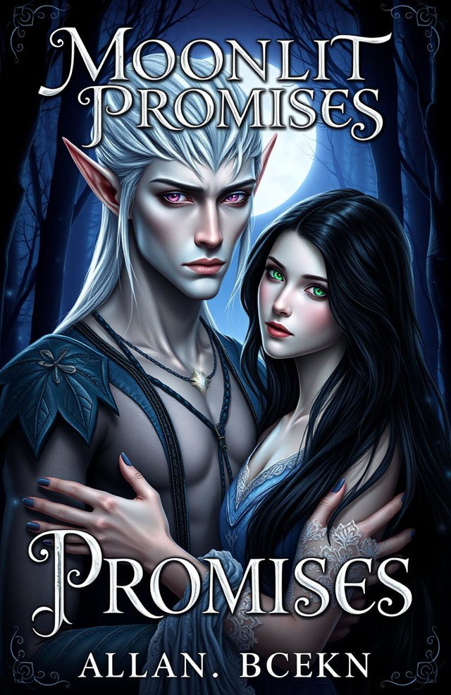 A captivating dark fantasy romance book cover featuring a tall Elven male with pale white skin and short silver hair, his striking violet eyes shining with intrigue