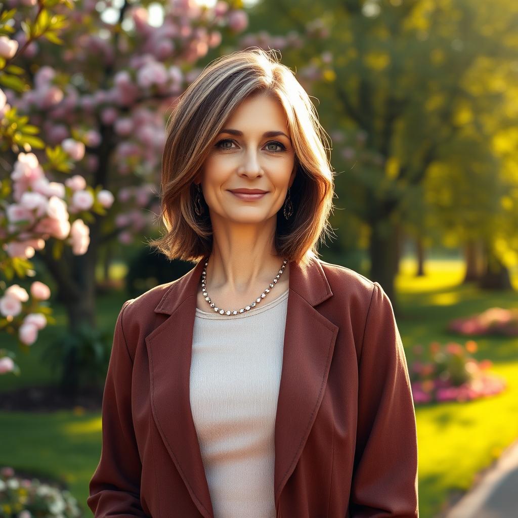 A sexy Russian woman aged 45-50, featuring a fashionable hairstyle that highlights her sophisticated beauty