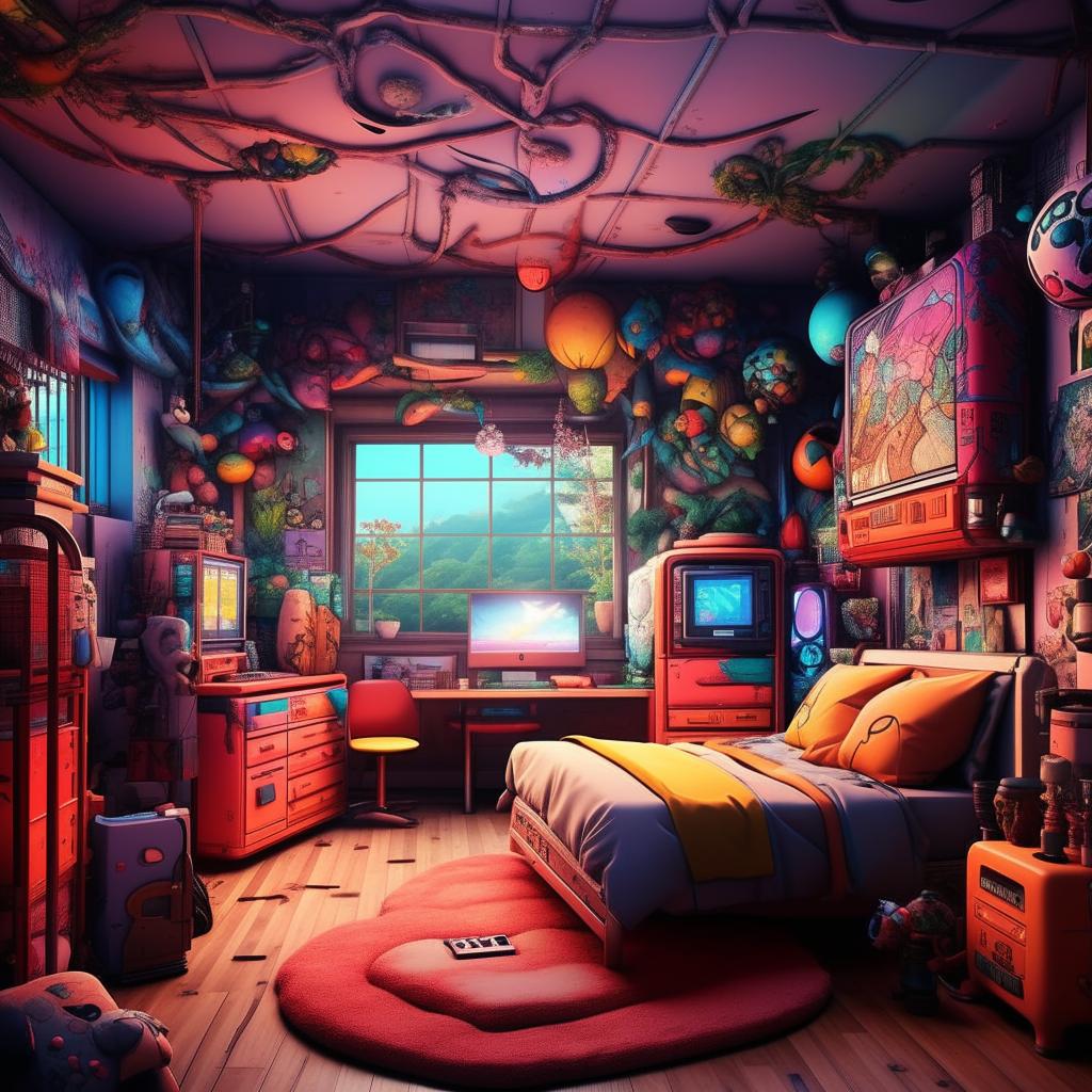A men's bedroom rendered in anime style with vibrant colors, cartoonish furnishings, prominent otaku elements, and a fantasy yet cozy ambience.