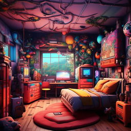 A men's bedroom rendered in anime style with vibrant colors, cartoonish furnishings, prominent otaku elements, and a fantasy yet cozy ambience.