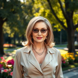 A sexy Russian woman aged 45-50, exhibiting a chic and fashionable hairstyle that emphasizes her elegance