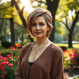 A sexy Russian woman aged 45-50, exhibiting a chic and fashionable hairstyle that emphasizes her elegance