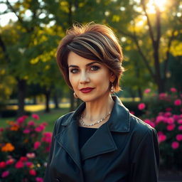 A sexy Russian woman aged 45-50, exhibiting a chic and fashionable hairstyle that emphasizes her elegance