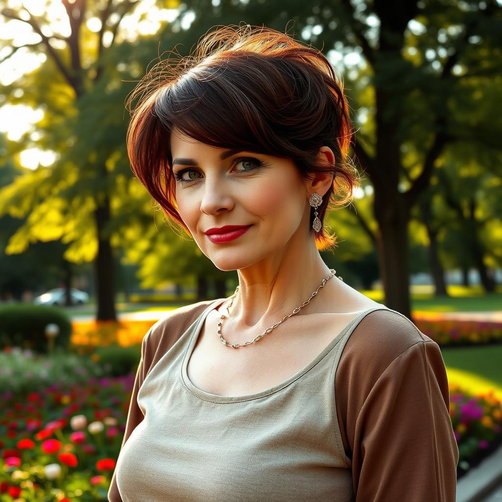 A sexy Russian woman aged 45-50, exhibiting a chic and fashionable hairstyle that emphasizes her elegance
