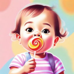 A high-quality digital art image of a small child enjoying a lollipop