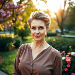 A sexy Russian woman aged 45-50, showcasing an elegant and fashionable hairstyle that highlights her grace