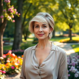 A sexy Russian woman aged 45-50, showcasing an elegant and fashionable hairstyle that highlights her grace