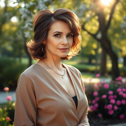 A sexy Russian woman aged 45-50, showcasing an elegant and fashionable hairstyle that highlights her grace