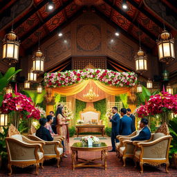 A magnificent and elegant traditional Javanese wedding background, featuring intricate batik patterns, ornate floral arrangements, and softly lit lanterns