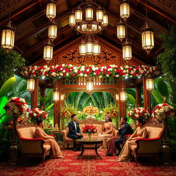 A magnificent and elegant traditional Javanese wedding background, featuring intricate batik patterns, ornate floral arrangements, and softly lit lanterns