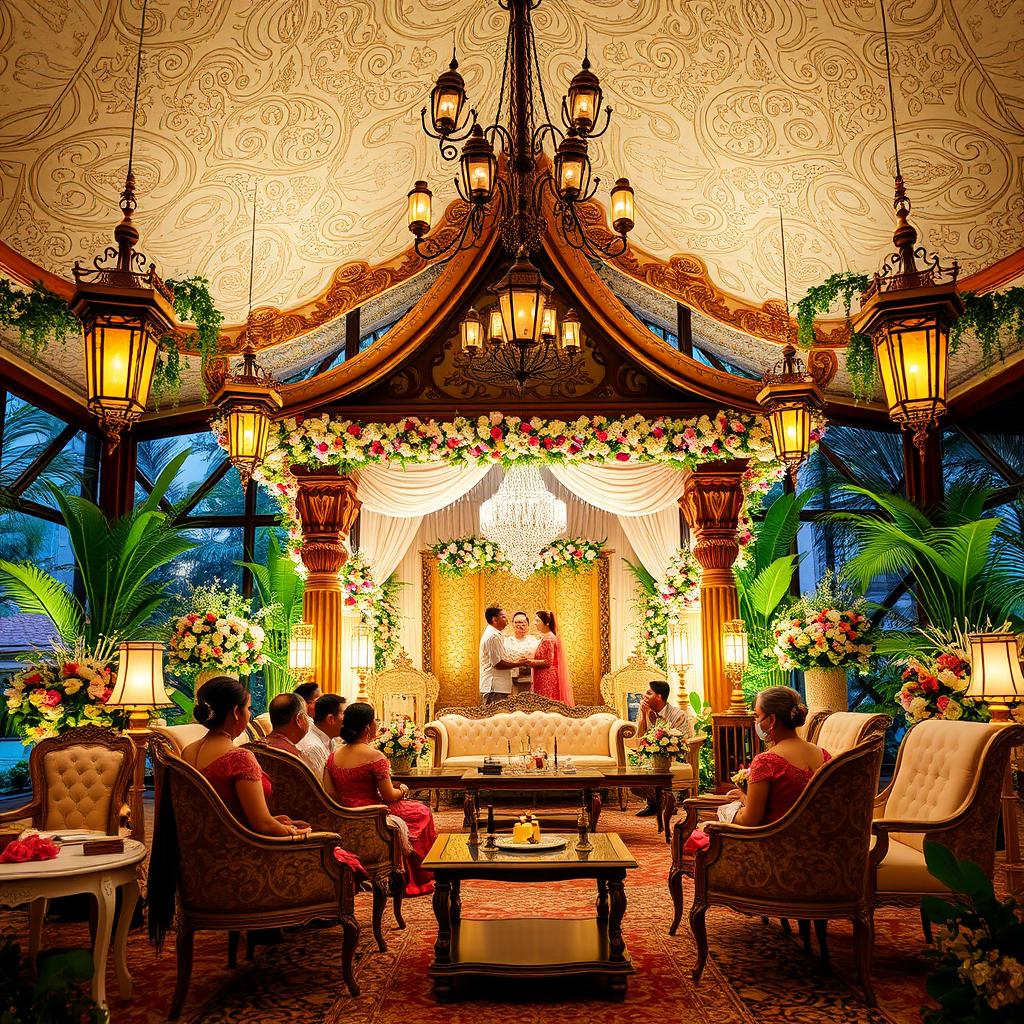 A magnificent and elegant traditional Javanese wedding background, featuring intricate batik patterns, ornate floral arrangements, and softly lit lanterns
