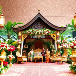 A magnificent and elegant traditional Javanese wedding background, featuring intricate batik patterns, ornate floral arrangements, and softly lit lanterns