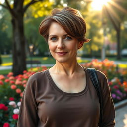 A sexy Russian woman aged 45-50, with a trendy and fashionable hairstyle that enhances her elegance