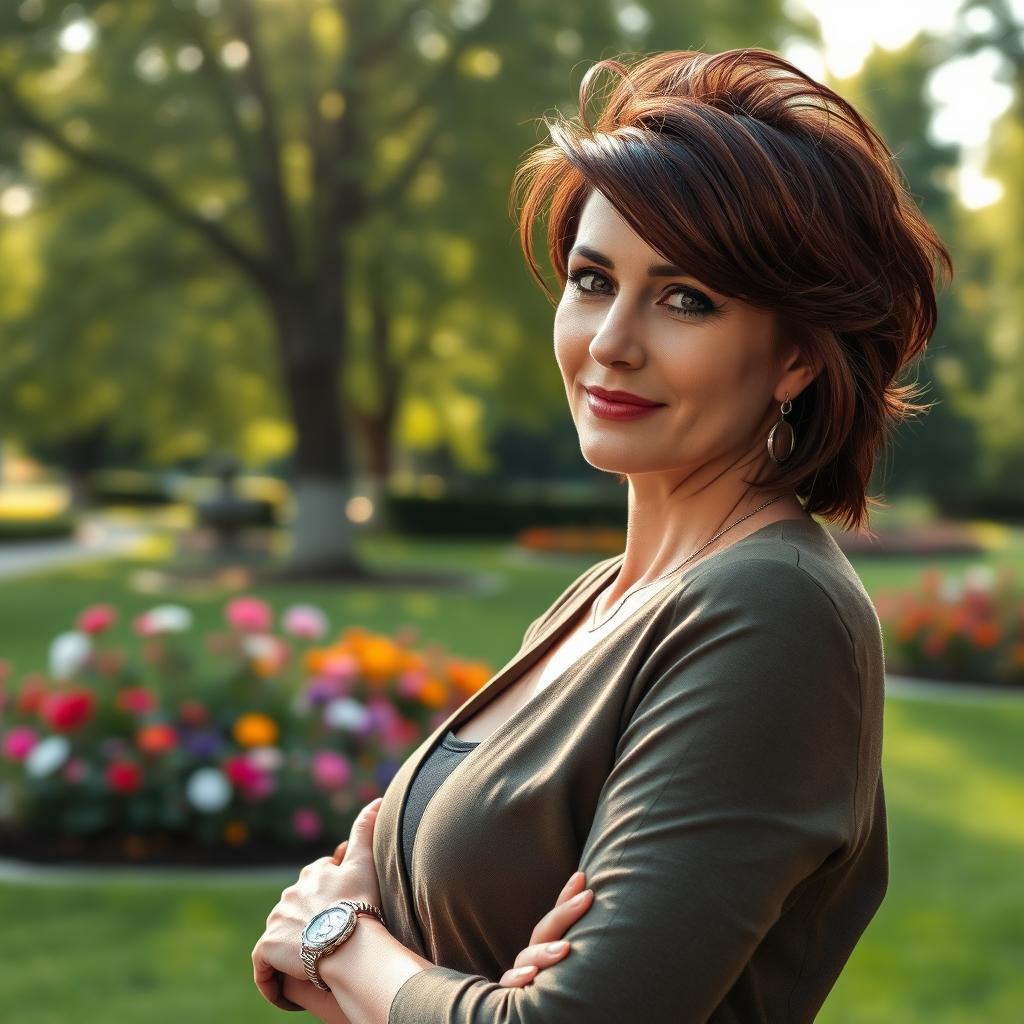 A sexy Russian woman aged 45-50, with a trendy and fashionable hairstyle that enhances her elegance