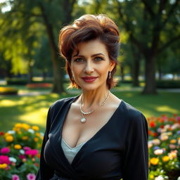 A sexy Russian woman aged 45-50, with a trendy and fashionable hairstyle that enhances her elegance