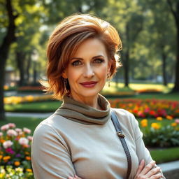 A sexy Russian woman aged 45-50, with a trendy and fashionable hairstyle that enhances her elegance