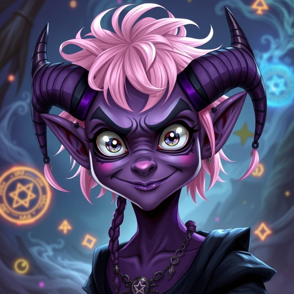 A mischievous tiefling warlock with big silver eyes and light pink messy short hair adorned with braids